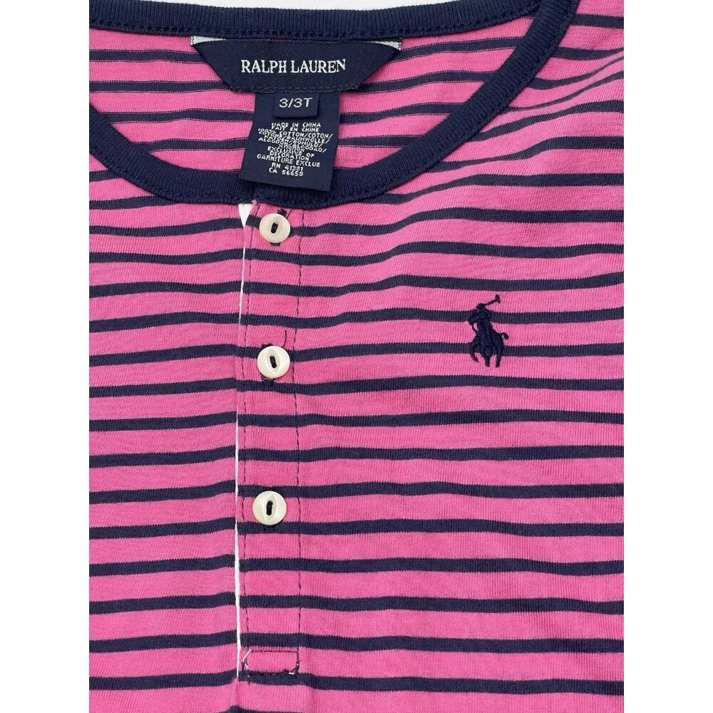 Ralph Lauren‎ Dress Girls Toddler Size 3T Pink Blue Striped Ruffle Long Sleeve